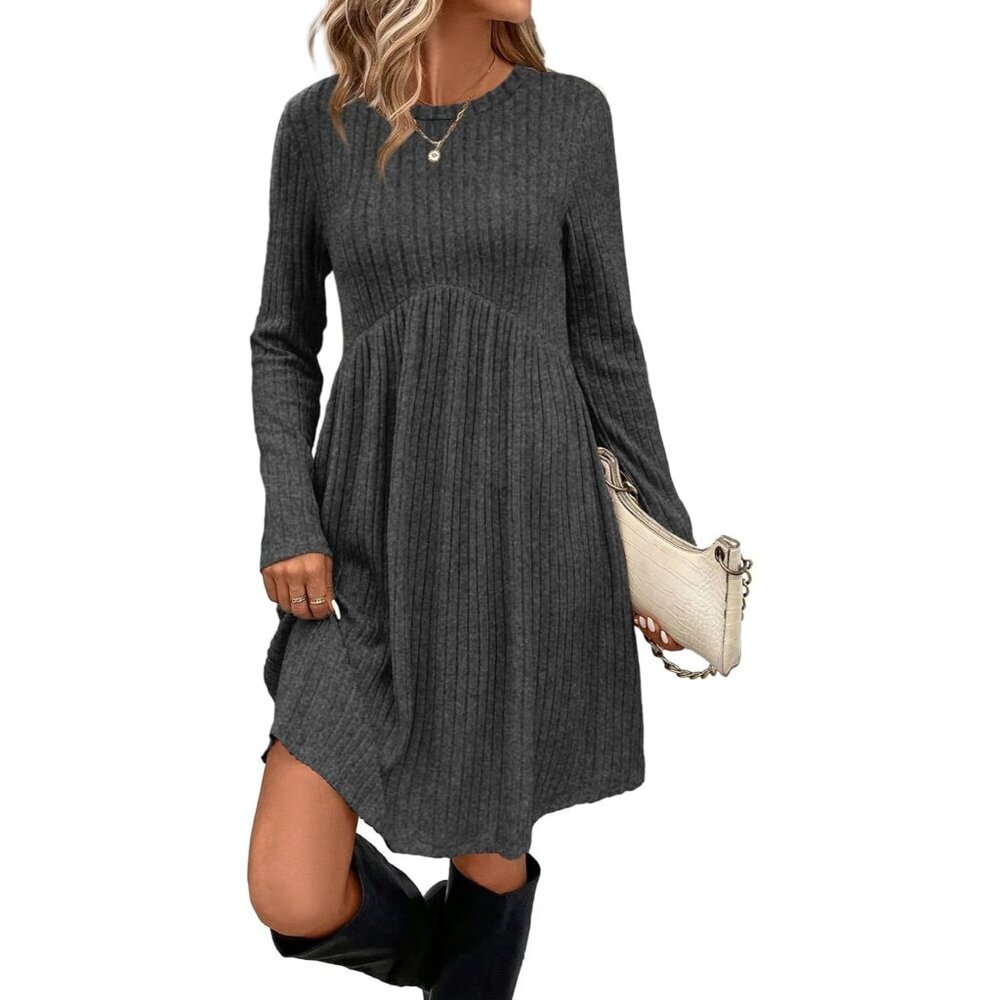 Ofeefan Women Grey Crew Neck Long Sleeve Empire Waist Dress with Pockets